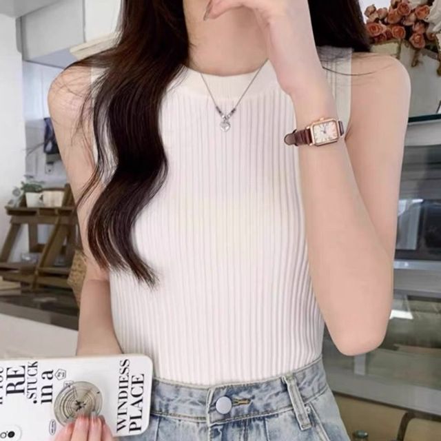 여성 골지 니트 나시 여름 탑 슬리브리스 신축성