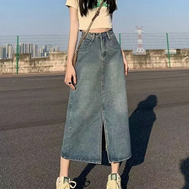 밑단 트임 롱 데님 스커트 슬릿 청치마 미디스커트