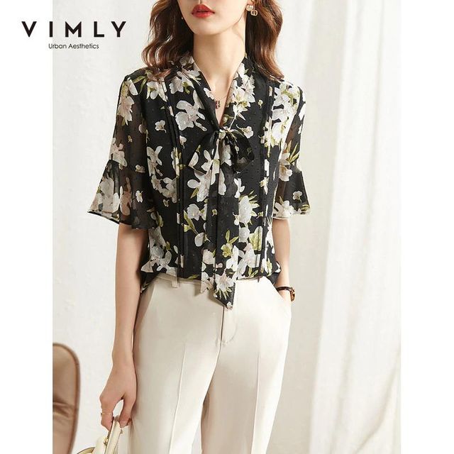 [해외] VIMLY 여성용 블라우스 여름 패션 v넥 보우 플로럴 블