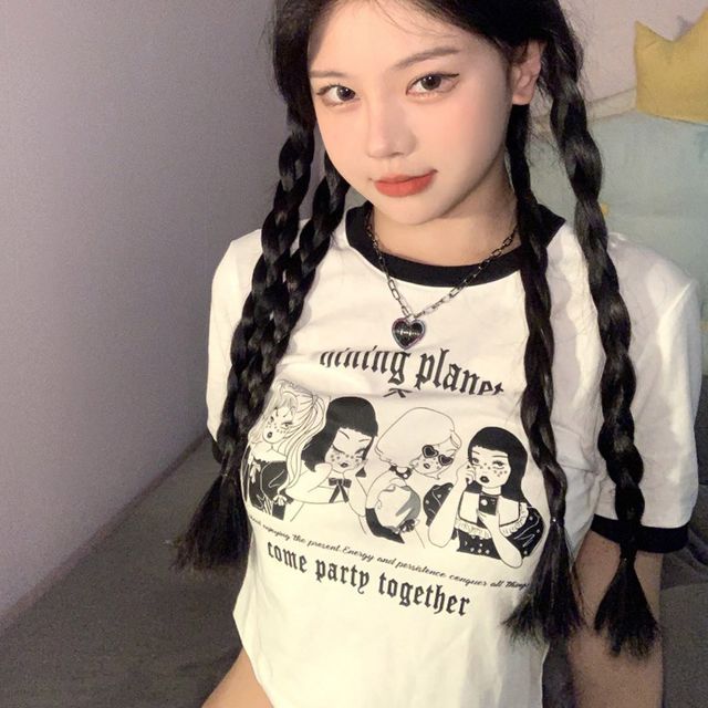 소녀 프린팅 배색 크롭티 LM-0054