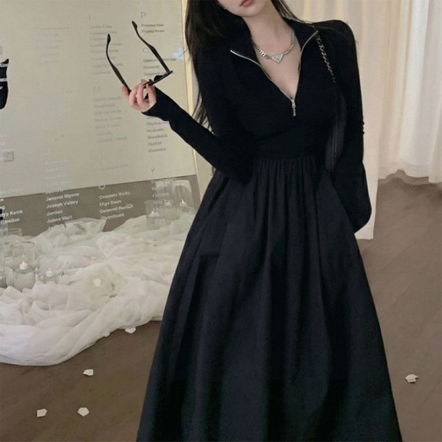 하프 집업 니트 믹스 롱 원피스 긴팔 반집업 FLS-1005660