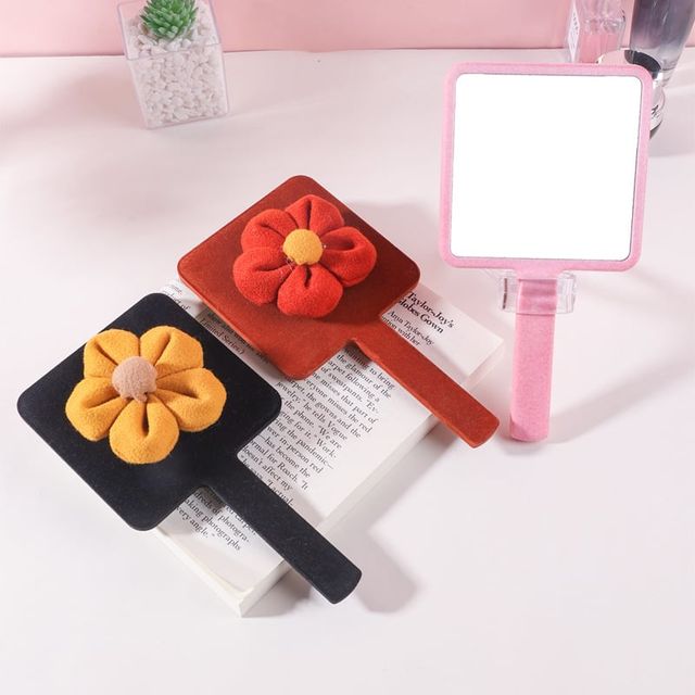 귀여운 플라워 사각 손거울 손잡이 휴대거울 메이크업