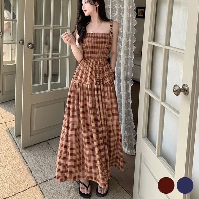 체크 튜브탑 A라인 민소매 롱 원피스 URD-520