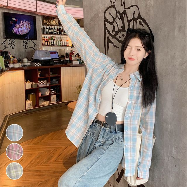 루즈핏 얇은 체크 셔츠 EL-1008184
