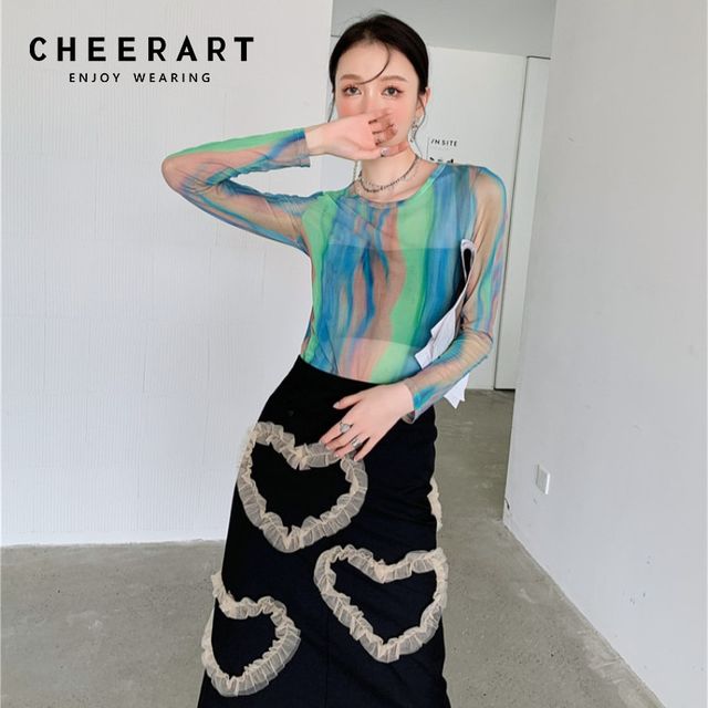 [해외] CHEERART 다채로운 그린 메쉬 탑 여성 2021 가을 패션