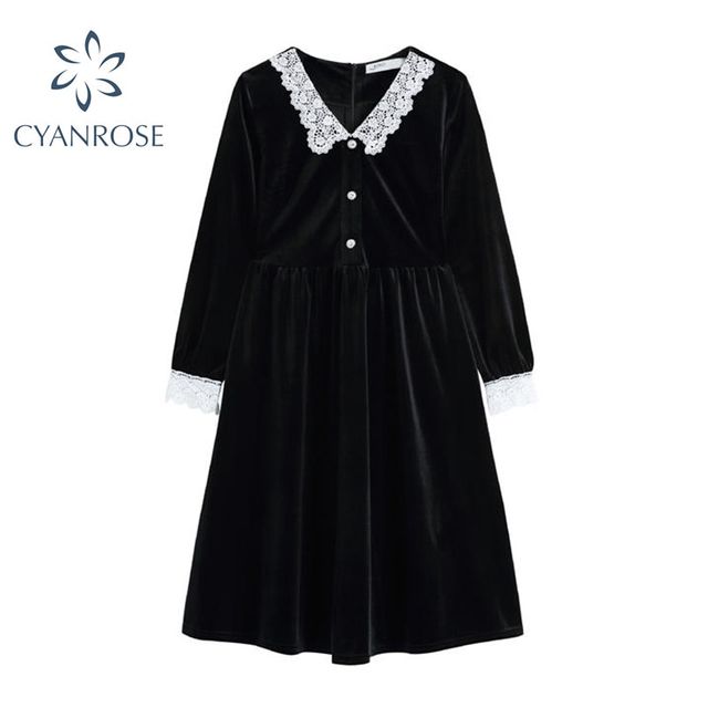 [해외] 프랑스 레트로 드레스 여성 레이스 패치 워크 블랙 벨