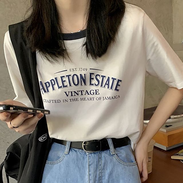 라운드 세미크롭 레터링 캐주얼 반팔티 NF-48