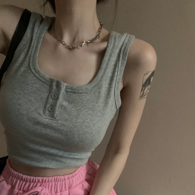 버튼 골지 라운드 슬리브리스 탑 JSC-d0126 JSC-d0126