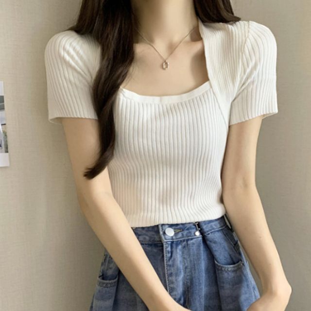 골지 니트 티셔츠 여성 스퀘어넥 반팔티 무지티