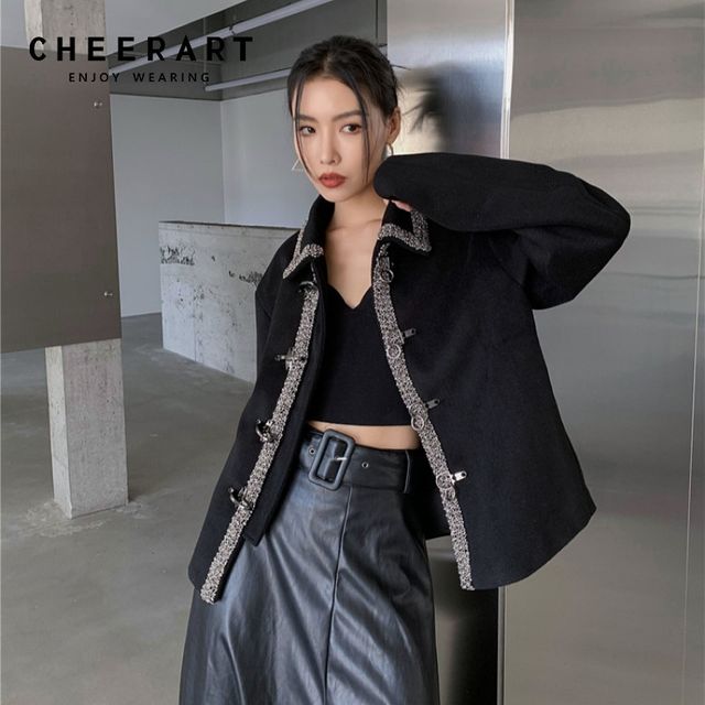 [해외] CHEERART Pearl Beading Wool Blend Coat 여성용 Blac
