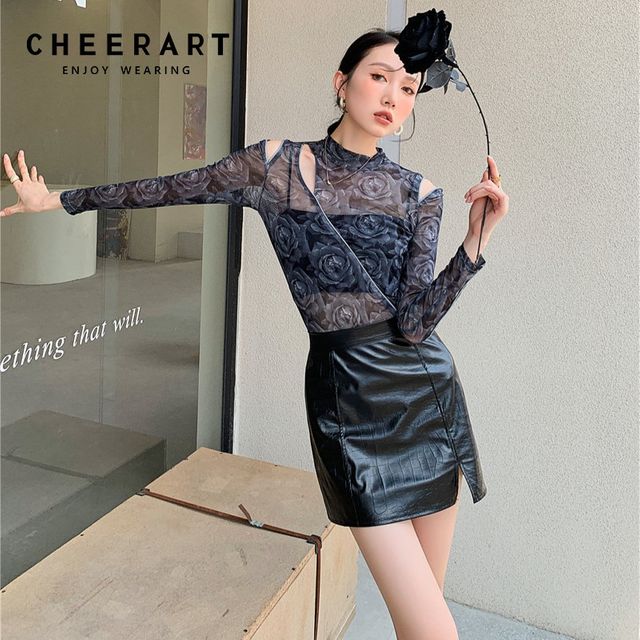 [해외] CHEERART Fall 2021 Womens Fashion 긴 소매 메쉬 탑