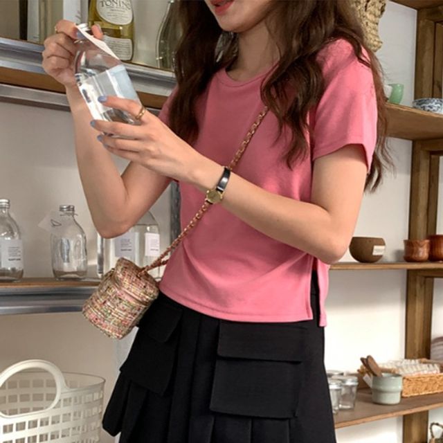 셔링 트임 포인트 텐션 티셔츠 OSM-1006507