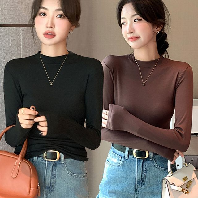 여성 데일리 얇은 무지 짧은 반목 티셔츠 URK-432