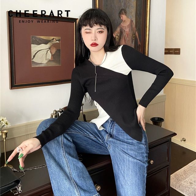 [해외] CHEERART 흑백 패치 워크 스웨터 여성 니트 탑 한국