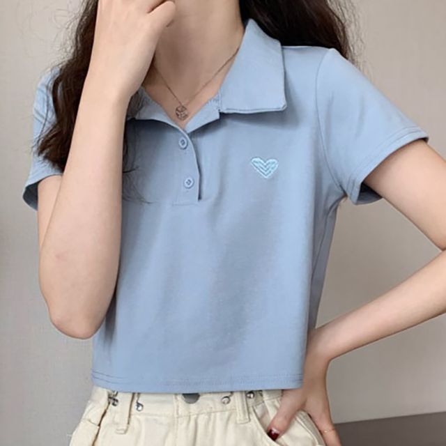 하트 자수 카라 캡소매 크롭 반팔티 NF-10