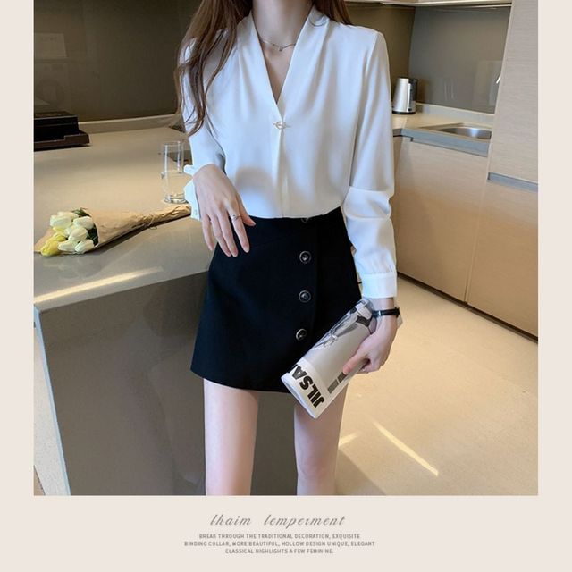 여성 쉬폰 화이트 블라우스 브로치 기본 셔츠