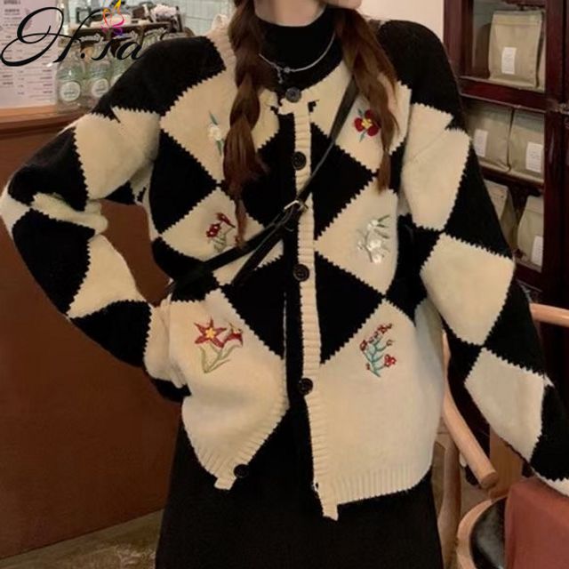 [해외] Hsa 2022 봄 자수 니트 스웨터 코트 꽃 니트 스웨터