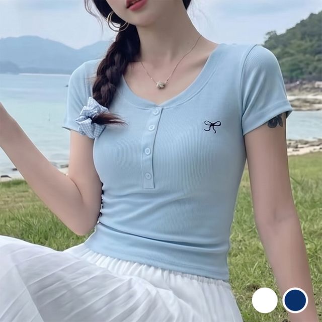리본 버튼 반팔 티셔츠 골지 나들이룩 FLS-1008416
