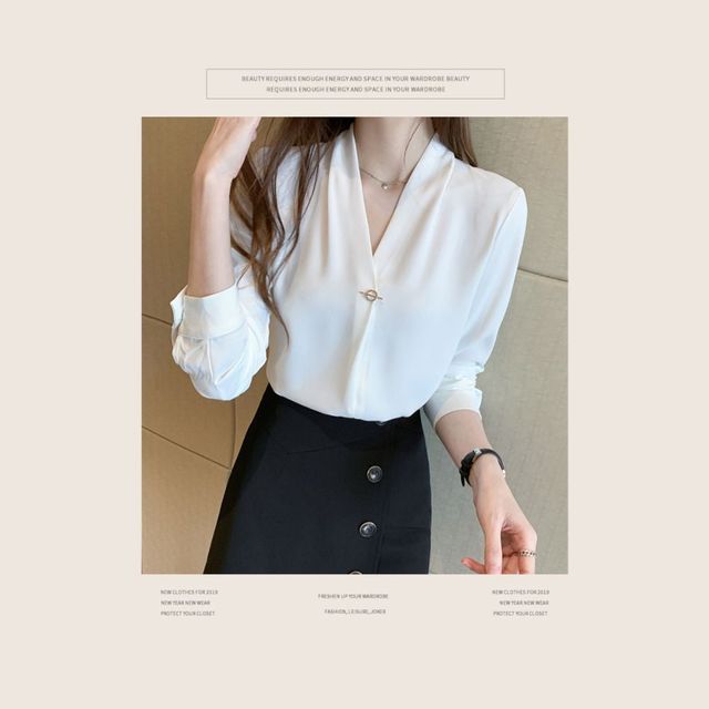 여성용 화이트 쉬폰 블라우스 기본 브로치 셔츠