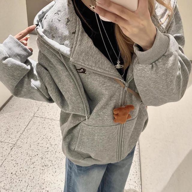 강아지 자수 패턴 루즈핏 회색 후드집업 긴팔티 NF-31