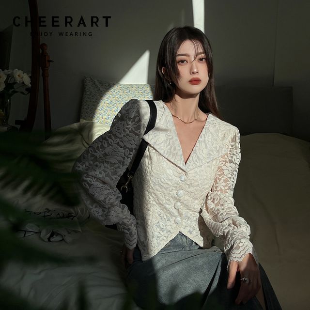 [해외] CHEERART 2022 패션 여성 빈티지 레이스 퍼프 슬리브