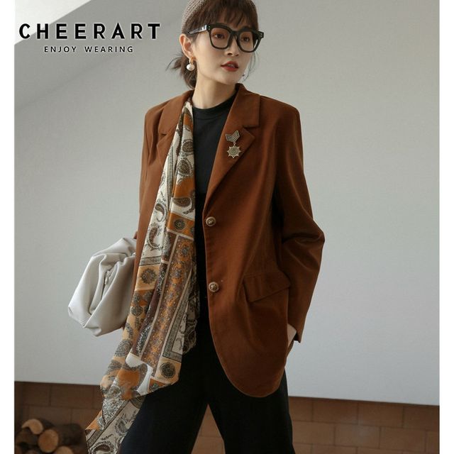 [해외] CHEERART-브라운 벨벳 블 배지 어깨 패드 숙녀 블
