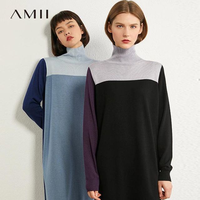 [해외] AMII-미니멀리즘 터틀넥 드레스 여성용 대조 색상 디