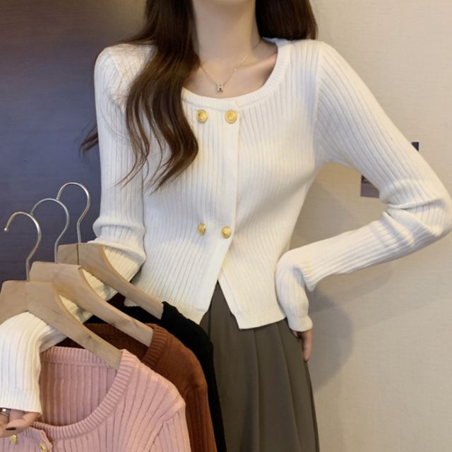 더블 버튼 라운드넥 니트 가디건 OSM-1005946