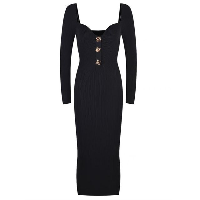 스퀘어넥 버튼 니트 롱원피스 슬림핏 하객룩 2color SL-1004428