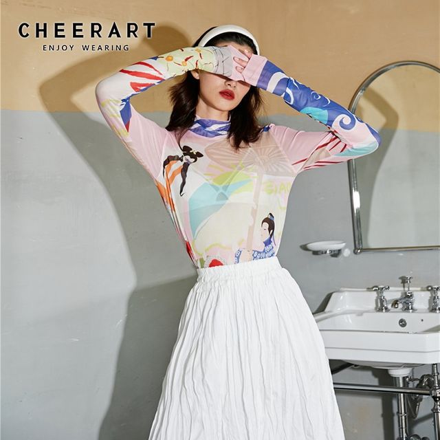 [해외] CHEERART-터틀넥 프린트 티셔츠 여성용 핑크 그라데이