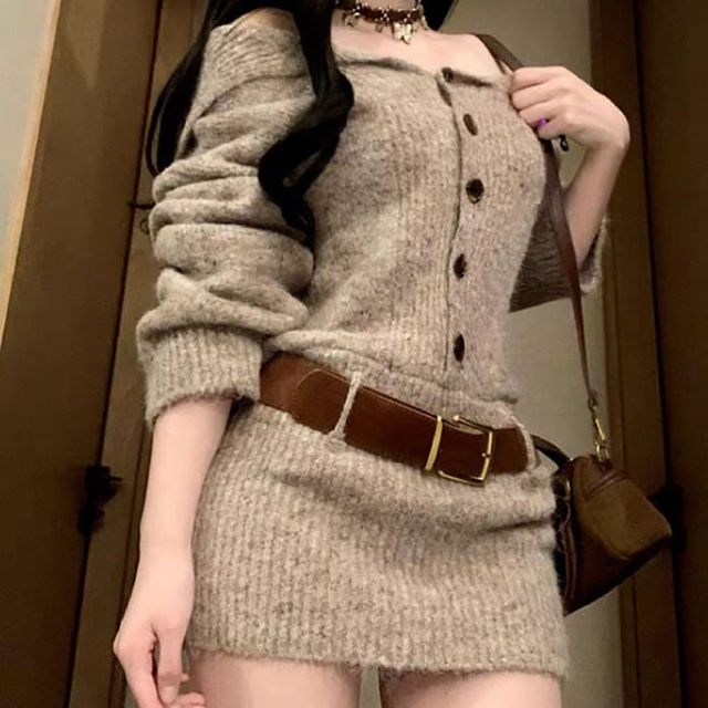 원숄더 벨트 단추 니트미니원피스 NF-1005193