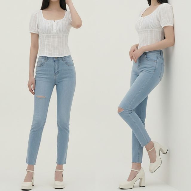 여성 라이트컷 슬림핏 뒷밴딩 스판 데님 일자 팬츠 JEB-1007331