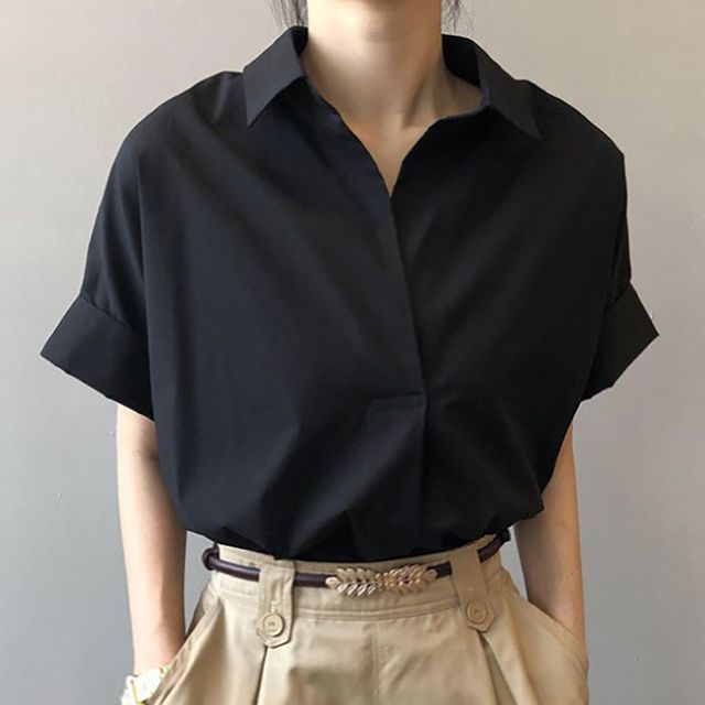 오픈카라 루즈핏 무지 5부반팔 셔츠블라우스 NF-39