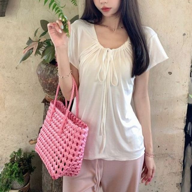 셔링 U넥 반팔 티셔츠 리본 여리핏 데일리 티 HPC-1008303