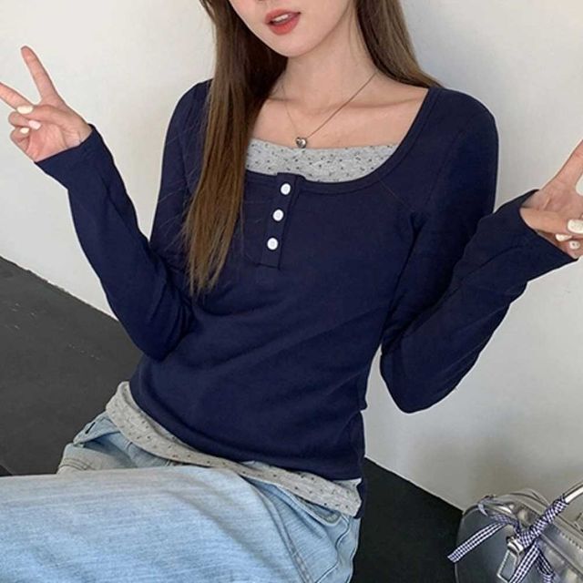 레이어드 포인트 단추 티셔츠 TD-1004599