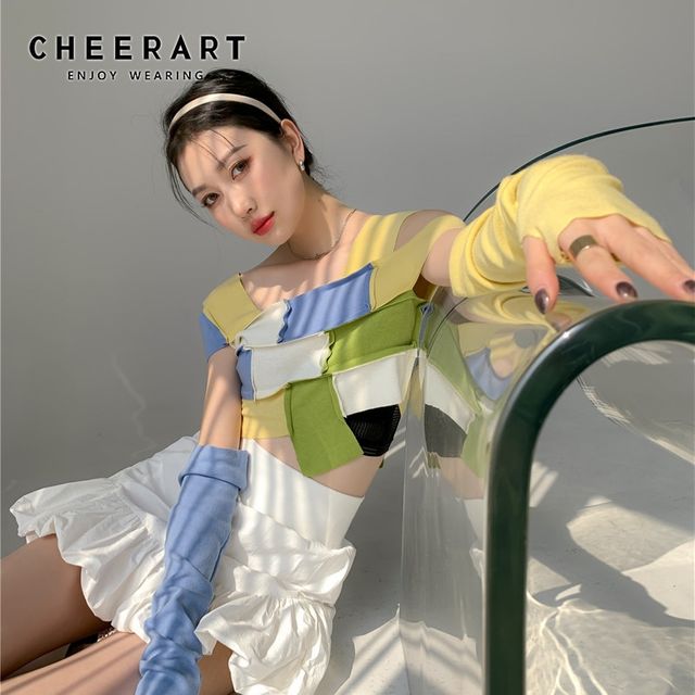 [해외] CHEERART Color Block 여름 니트 탑 디자이너 T 셔츠