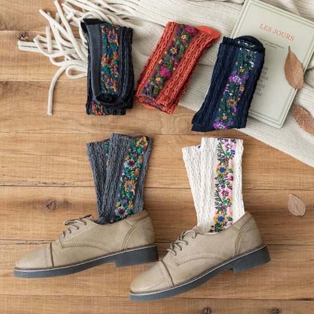 키밍 동백꽃 자수 긴목 양말 패션 여성용 꽃양말