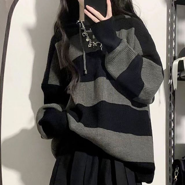 루즈핏 배색 스트라이프 후드니트티 NF-1004999