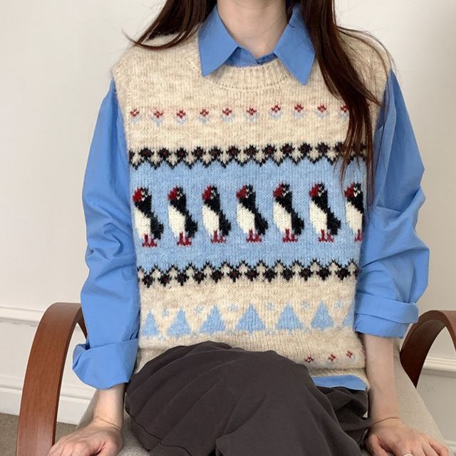 울혼방 펭귄 패턴 니트 베스트 JSD-1004942