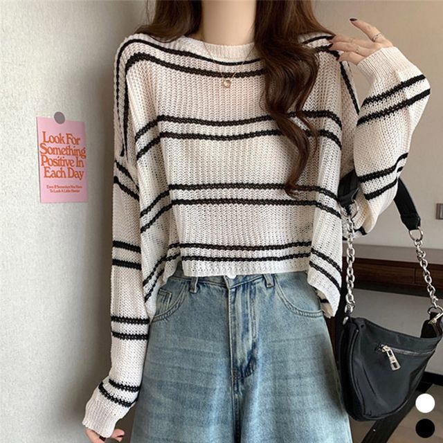 실루엣 크롭 스트라이프 니트 LM-0393