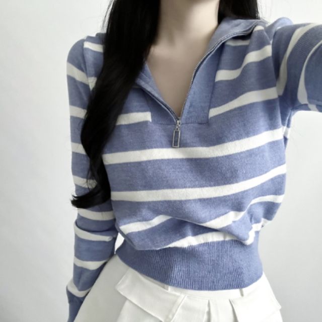 카라넥 스트라이프 하프집업 니트 2color SL-1004862
