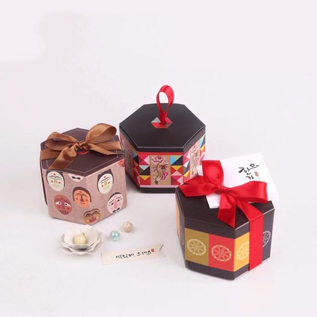 키밍 명절 포장 선물박스 꽃무늬 접이식 육각형 10p