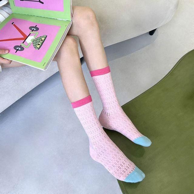 여름 시스루 펀칭 배색 중목 양말 4color LM-0663