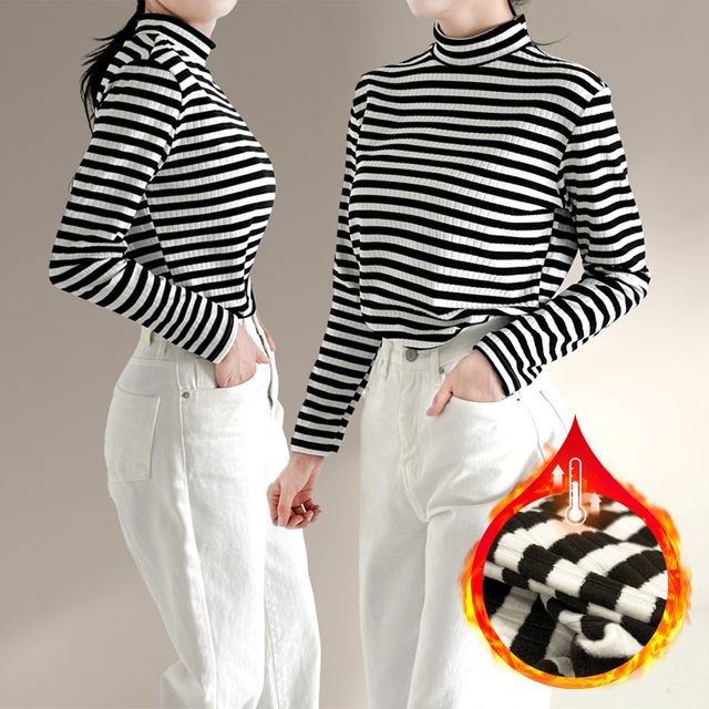 스트라이프 반폴라 티셔츠 여성 이너 터틀넥 반목티