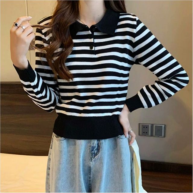 데일리 배색 카라 단가라 긴팔 니트 DA-1004698