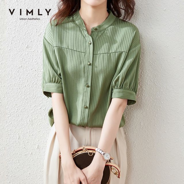 [해외] VIMLY-여성용 여름 캐주얼 셔츠 우아한 라운드 넥 버