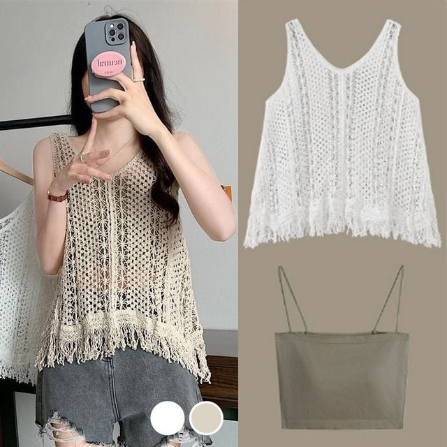 빈티지 패턴 뷔스티에 레이어드 나시 조끼 세트 URD-1007431