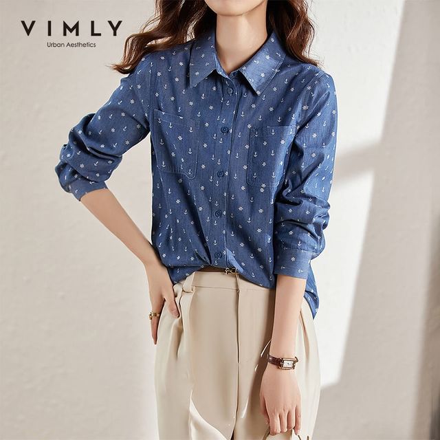[해외] 여성용 VIMLY 블루 셔츠 빈티지 코튼 탑스 오피스 레