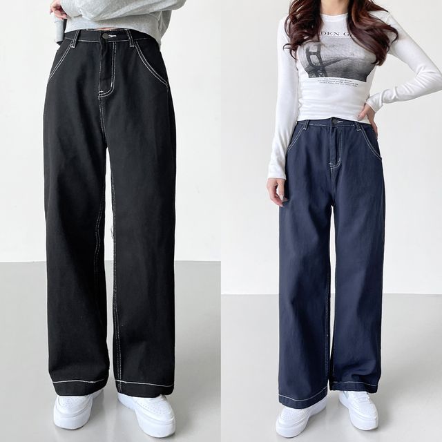 여성용 레트로 코튼 스티치 일자 팬츠 19-067AB