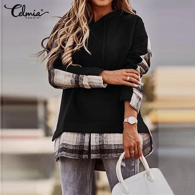 [해외] Celmia 2021 겨울 여성 후드 티셔츠 패션 격자 무늬